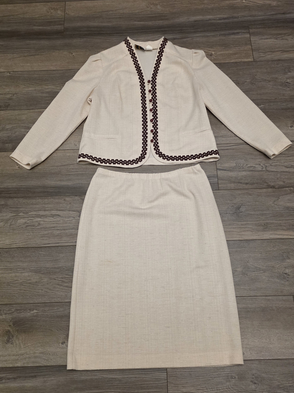 Vintage 60s 70s Marty Gutmacher Cream Skirt Suit Set Mod Contrast Trim Size 14